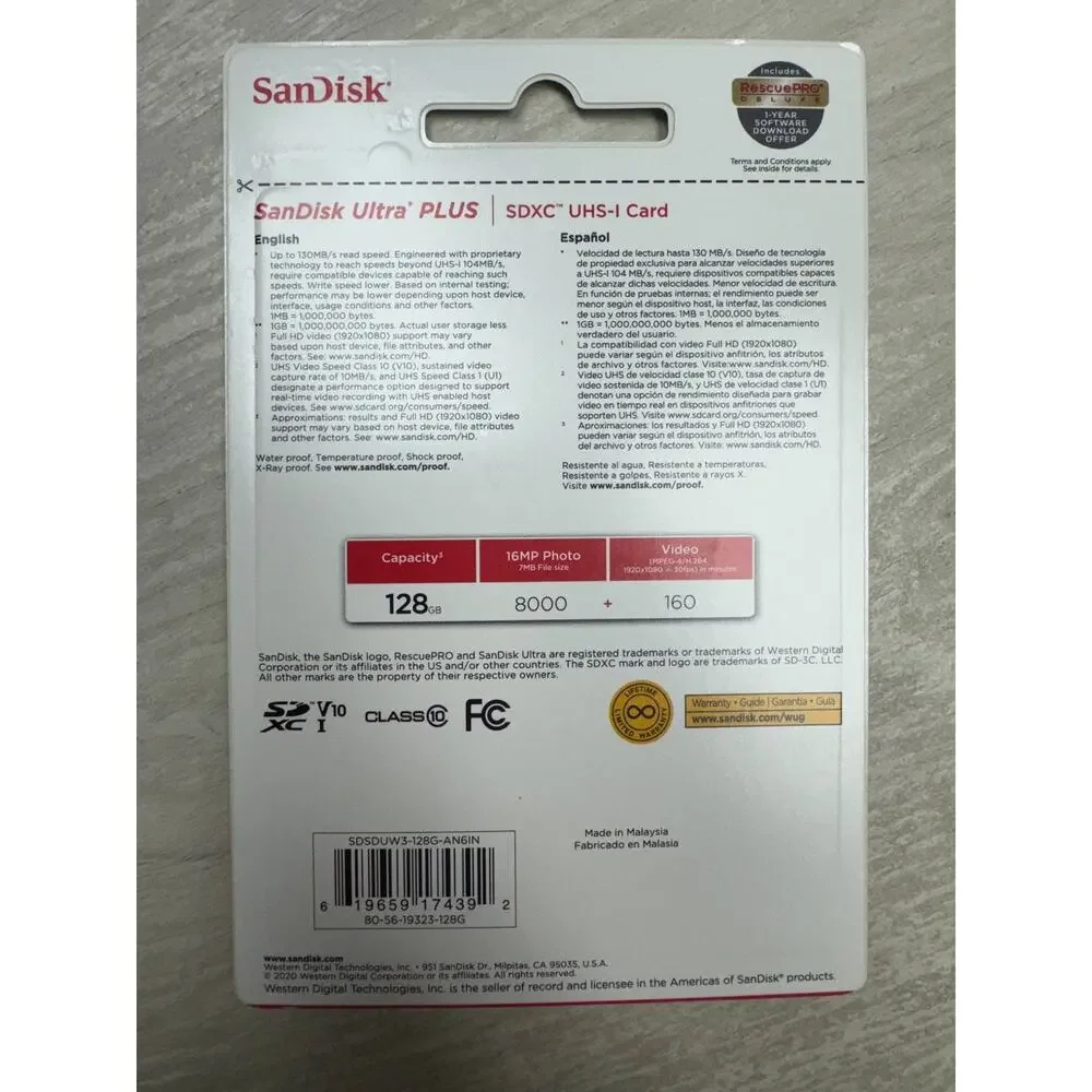 SanDisk Ultra PLUS 128GB SDXC UHS-I Memory Card 130MB/s Full HD Video Storage